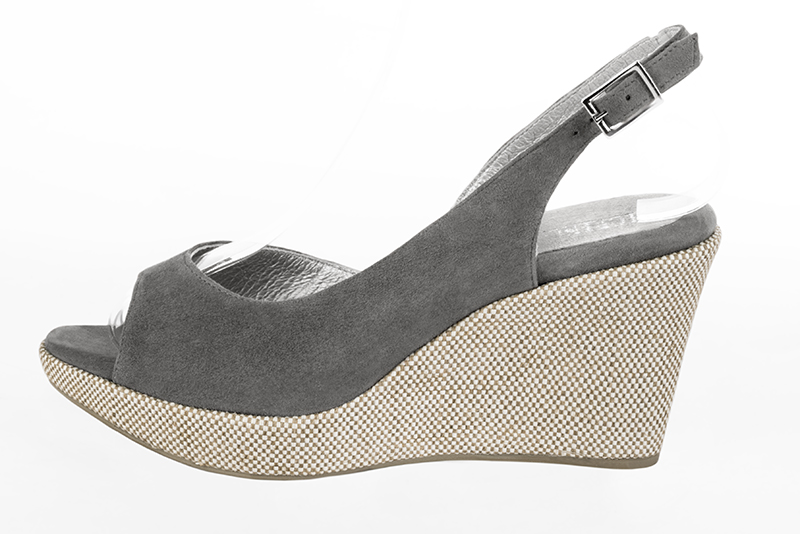 Dove grey women's slingback sandals. Round toe. High wedge soles. Profile view - Florence KOOIJMAN